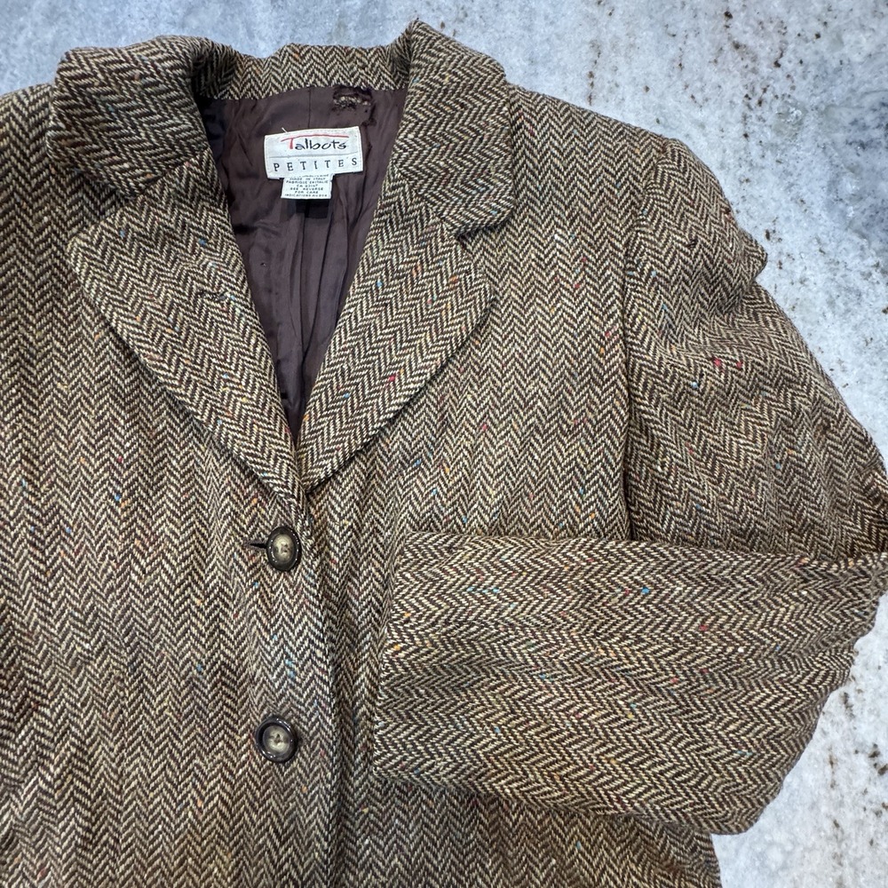 VTG Talbots Petit Size 2P Tweed Blazer 100% Wool Brown Colorful City Classy